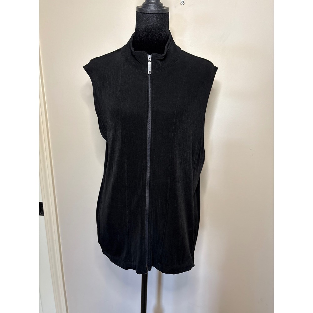 Chicos Travelers Black Slinky Knit Full Zip Mock Neck Vest Pockets Size 1 M